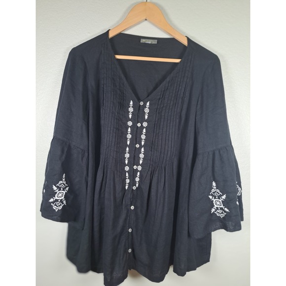 Style & Co. Tops - Style & Co Black Embroidered Pintuck Bell Sleeve Blouse Top Plus Size 2X